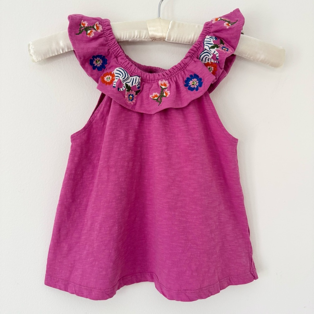 Mini Boden Pink Embroidered Ruffle Shoulder Cotton Tank, Size 5-6y - Picture 2 of 12